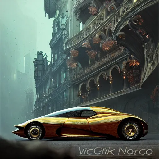 Image similar to cyborg vintage flying supercar slick warm tones : by michal karcz, daniel merriam, victo ngai and guillermo del toro : ornate, dynamic, particulate, intricate, elegant, highly detailed, centered, artstation, smooth, sharp focus, octane render