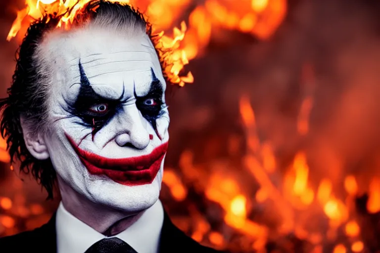 Image similar to donald trump wearing makeup like The Joker, standing in hell surrounded by fire and flames and bones and brimstone, portrait photography, depth of field, bokeh