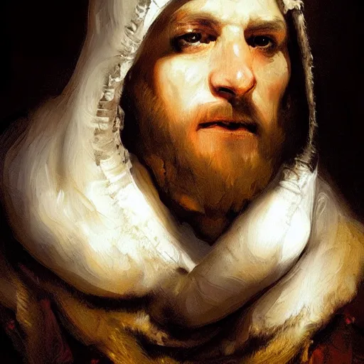 Prompt: high quality oil painting portrait of face detailing Ironic Hooded Thief by Rembrandt and Raymond Swanland, dark background, high fantasy, perfect lighting