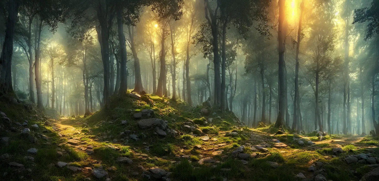 Image similar to random forest path landscape, incredible, vector art, octane render, fabulous, hyper detailed, random cinematic view, no noise, global illumination, warm lighting, volumetric, godrays, vivid, beautiful, by jordan grimmer