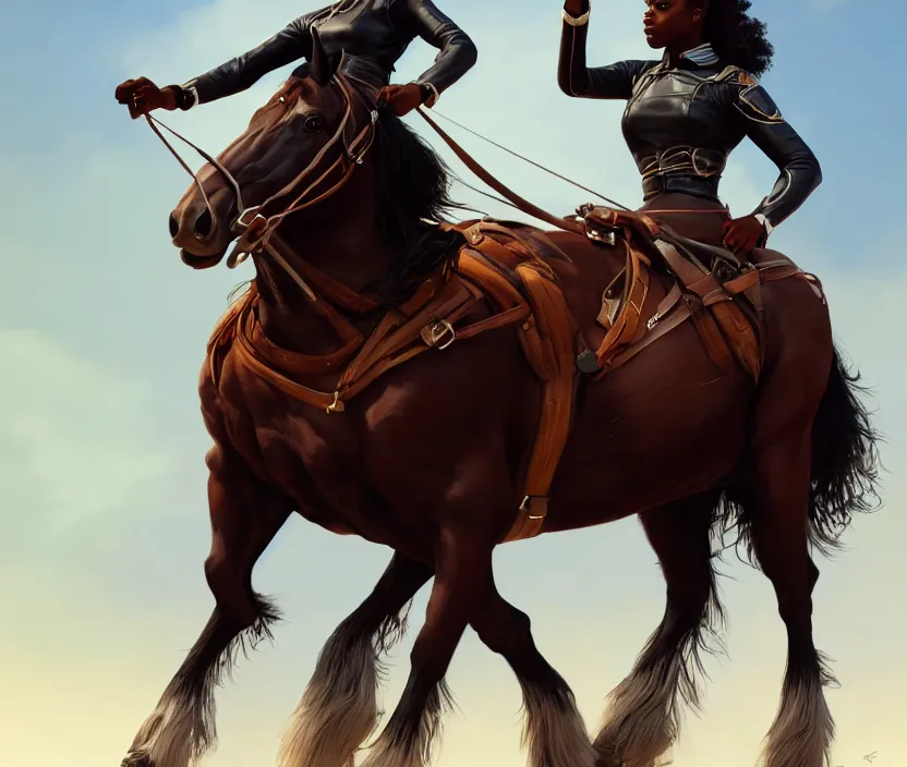 Image similar to full body portrait of beautiful black woman on horseback, striding clydesdale, cinematic, highly detailed, digital painting, artstation, concept art, smooth, sharp focus, illustration, face by wlop, illustrated by mars ravelo and greg rutkowski