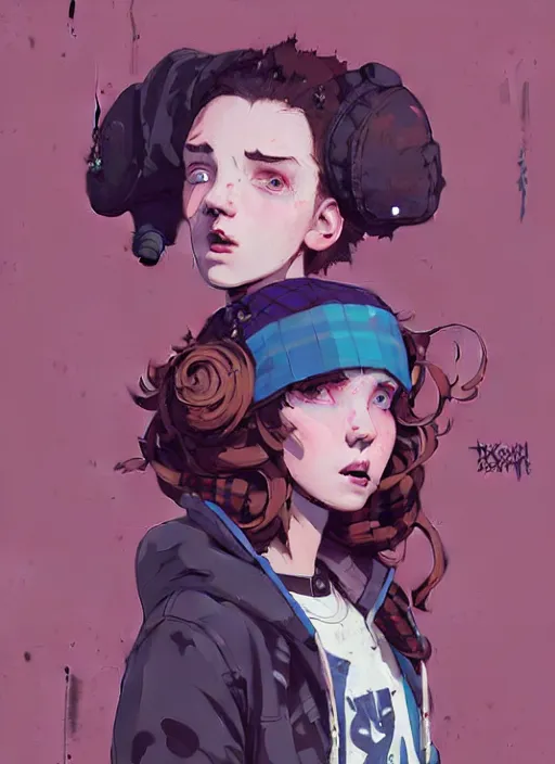 Prompt: highly detailed portrait of a sewer punk lady student, blue eyes, tartan hoody, ringlet hair by atey ghailan, by greg rutkowski, by greg tocchini, by james gilleard, by joe fenton, by kaethe butcher, gradient pink, brown, light blue and white color scheme, grunge aesthetic!!! ( ( graffiti tag wall background ) )