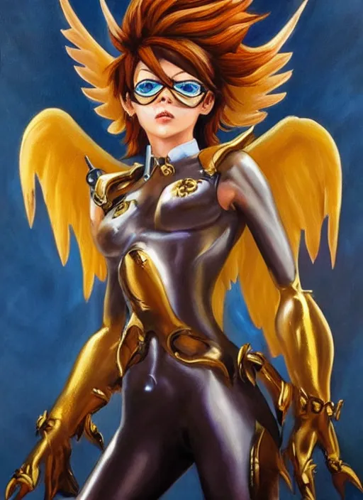 Prompt: full body oil painting of tracer overwatch in the style of julie bell, angel wings, dramatic painting, symmetrical composition, ornate, golden chains, silky garment, high detail, gold detailed collar!!!!!, blooming, angelic, lights, flowers, heavenly, bright, detailed face,