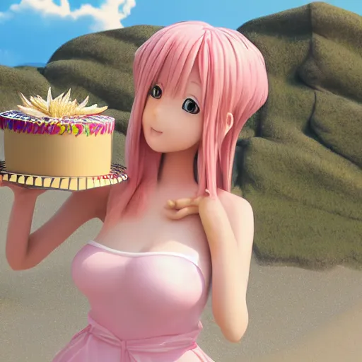 Image similar to Render of a beautiful 3d anime woman holding a birthday cake to show the camera, long light pink hair, full bangs, hazel eyes, cute freckles, full round face, smug smile, Chinese heritage, cute checkerboard sundress, golden hour, serene beach setting, medium shot, mid-shot, hyperdetailed, trending on Artstation, Unreal Engine 4k