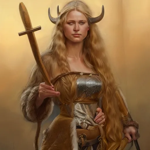 Prompt: an portrait of female viking with long blonde hair, highly detailed, centered, digital painting, artstation, concept art, donato giancola, Joseph Christian Leyendecker, WLOP, Boris Vallejo, Breathtaking