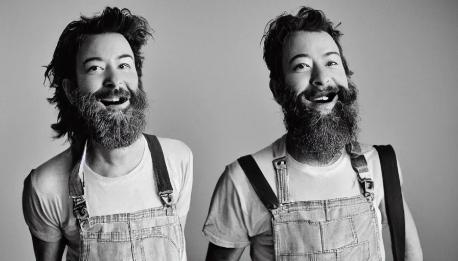 Image similar to far view, extremely skinny malnourished jimmy fallon with long beard, wearing dirty overalls, dirty greasy face, grin, portrait, close up, kodak gold 2 0 0, 5 0 mm,