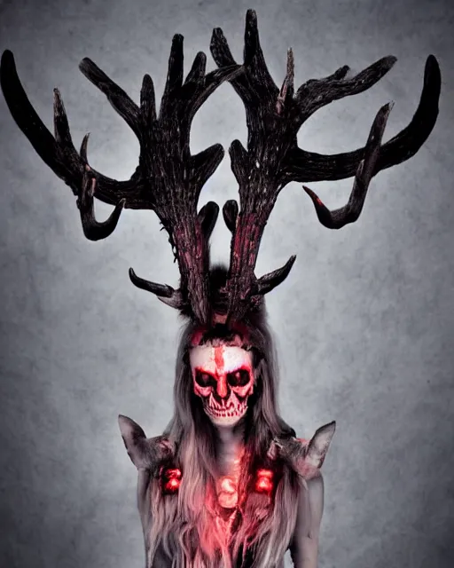 Image similar to deer - skull sisters ghost - spirit of the grim - warpaint wears the scarlet skull armor and native blood headdress antlers, midnight fog - mist!, cinematic lighting, various refining methods, micro macro autofocus, ultra definition, award winning photo, photograph by ghostwave - gammell - giger - shadowlord