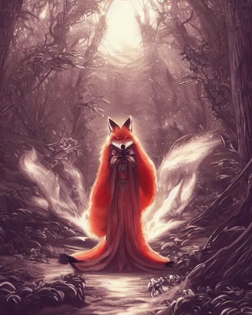 Prompt: Kitsune Fox Sorcerer meditating in the woods, nine tails, magic the gathering artwork, D&D, fantasy, cinematic lighting, centered, symmetrical, highly detailed, digital painting, artstation, concept art, smooth, sharp focus, illustration, volumetric lighting, epic Composition, 8k, art by Akihiko Yoshida and Greg Rutkowski and Craig Mullins, heroic pose, oil painting, cgsociety, Tree Woodland atmosphere