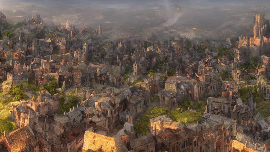 Image similar to 3d rendering of the fantasy medieval city of Kings Landing, influenced from HBO's A Game of Thrones, Looking towards the Red Keep which is in the background, foggy atmosphere, volumetric lighting, fantasy artwork, very beautiful scenery, very realistic painting effect, hd, hdr, unreal engine 5, cinematic 4k wallpaper, 8k, ultra detailed, high resolution, artstation