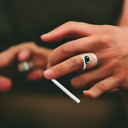 Image similar to normal man's hand with five fingers and a ring and a cigarette between the fingers