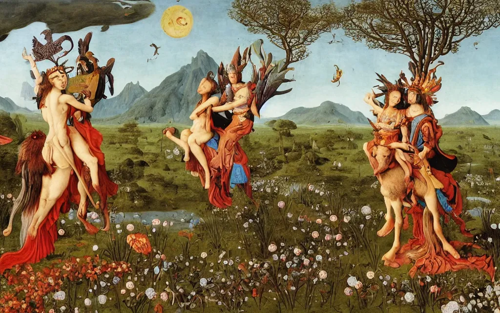 Image similar to a portrait photograph of a meditating harpy and a centaur king riding eagles and hugging animals at a river delta. surrounded by bulbous flowers, animals and trees. mountains range under a blue sky of burning stars. painted by jan van eyck, max ernst, ernst haeckel and ernst fuchs, cgsociety, artstation, fashion editorial, 8 k