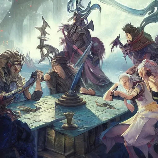 Image similar to dungeons and dragons fantasy painting, chaos and conflict, finger pointing and angry gestures, allies who long spoke in one voice now squabble over petty differences leaders in different styles of dress gesturing angrily across a council table, anime inspired by krenz cushart, evening lighting, by brian froud jessica rossier and greg rutkowski