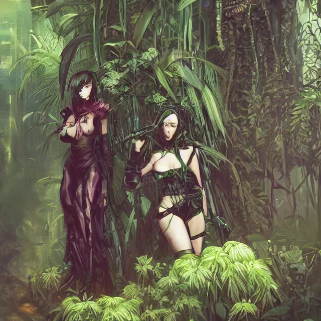 Prompt: the cyberpunk princess overgrown by plants. this oil painting by the award - winning mangaka has interesting color contrasts, plenty of details and impeccable lighting.