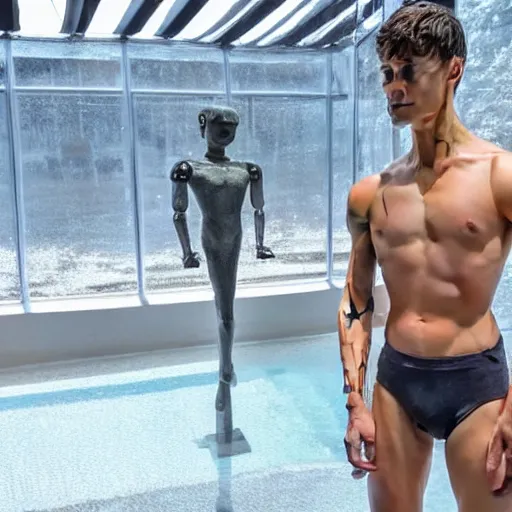 Prompt: a realistic detailed photo of a guy who is an attractive humanoid who is half robot and half humanoid, who is a male android, french actor cyril gossbo, shiny skin, posing like a statue, blank stare, by the pool, on display, showing off his muscles, humanoid robot, frozen ice statue