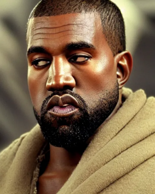 Image similar to film still close - up shot of kanye west as obi - wan kenobi from the movie return of the jedi. photographic, photography