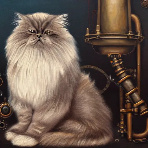 Image similar to anthromorphic fluffy himalayan cat dressed in steampunk clothing, detailed 4 k oil painting