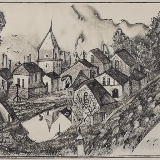 Image similar to lithography of a 1920s map of a small village with houses, a pond and a church, beautifully drawn, detailed, slightly spooky atmosphere, by Tolkien,