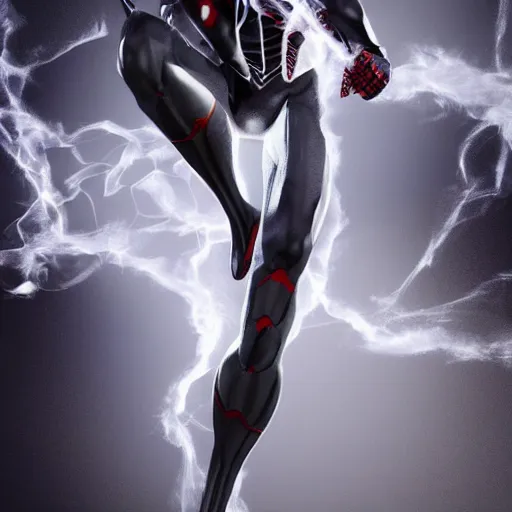 Image similar to black spider - man suit with white web lining, cinematic, volumetric lighting, realistic, hyperdetailed, photorealistic, photograph