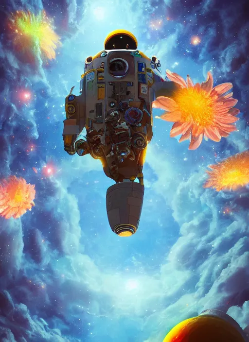 Image similar to An epic fantastic realism comic book style painting of the most beautiful flowers launched into space, bouquets, fisheye lens, unreal 5, DAZ, hyperrealistic, stars across the cosmos, octane render, dynamic lighting