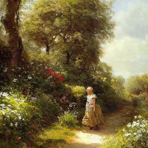 Image similar to landscape jean-Baptiste Monge and Solomon Joseph Solomon and Richard Schmid and Jeremy Lipking victorian landscape genre painting portrait painting of an english country cottage with a stone path and flower garden