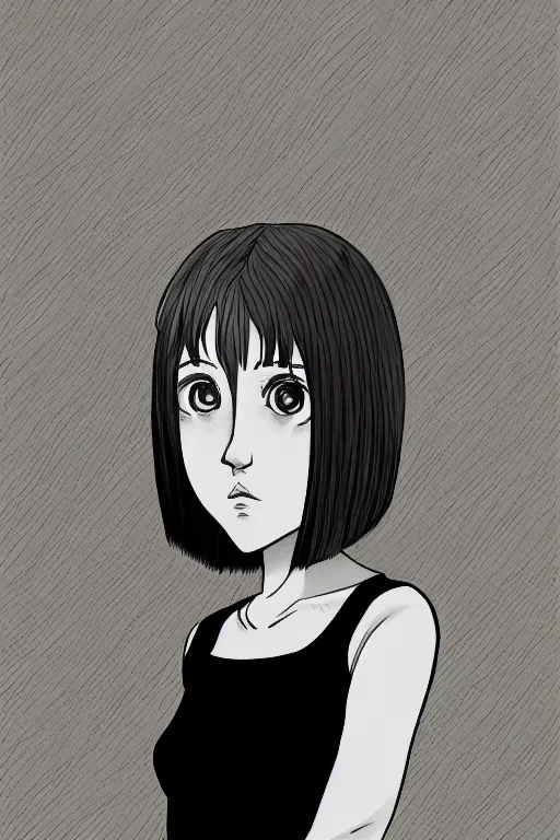 Image similar to portrait of a girl in long pants and a top, hands in pockets, eyes closed, bob haircut, digital art, black and white, manga style, by junji ito