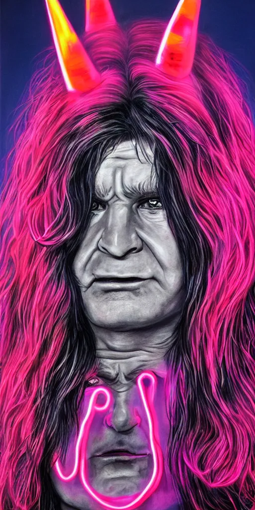 Image similar to detailed portrait of Ozzy Osbourne, neon light, hyper realistic, with horns on his head