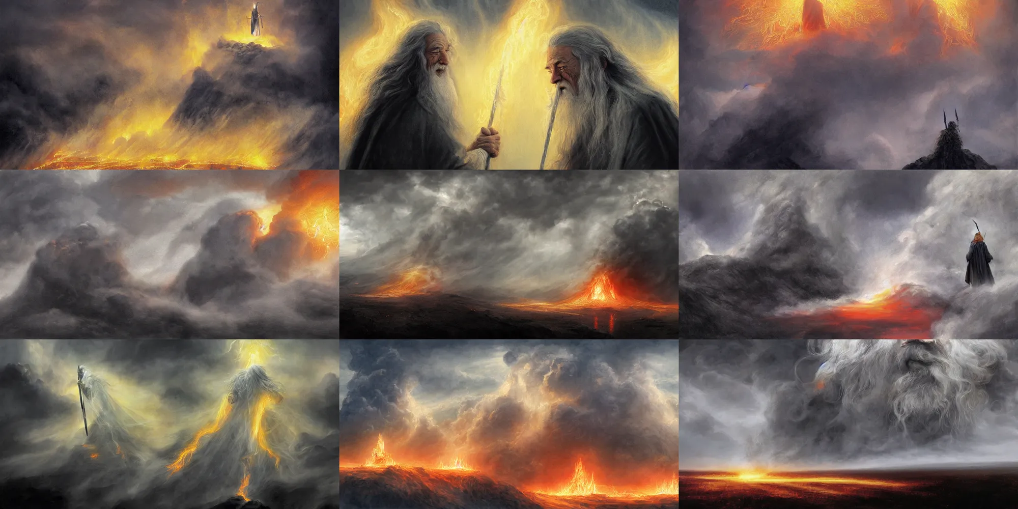 Prompt: gandalf inside a billowing cloud of bright flame and pitch - black smoke by alan lee, intricate, detailed, god - rays, panoramic, digital painting, artstation