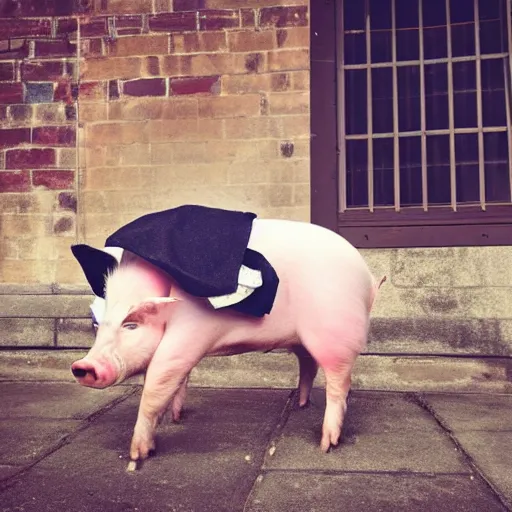 Image similar to pig wearing victorian dress in the courtyard doing crossfit