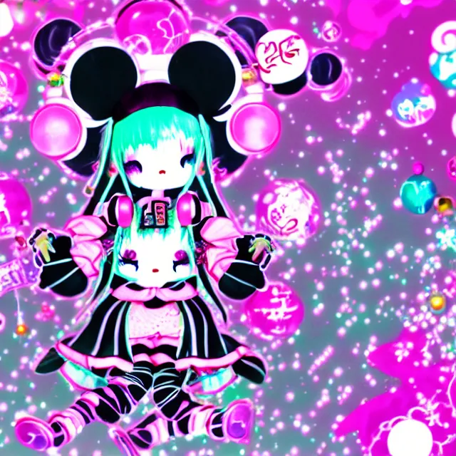 Image similar to cybergoth decora glitchcore yokai girl, sanrio ornaments, pastel cute cinematography