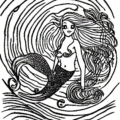 Prompt: Drawing of a mermaid in the sea, drawing for children, drawn with a black line and without filling, clean and defined line.