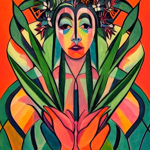 Prompt: goddess of plants art by james jean, and art by sonia delaunay highly detailed painting trending on arstation vivid colors cannabis