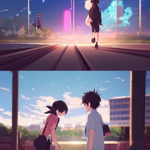 Image similar to a couple meeting up at a trainstation, running at each other with open arms, in the style of Kimi no Na wa. cgsociety masterpiece, artstation trending, by rossdraws, ghibli, your name, greg rutkowski