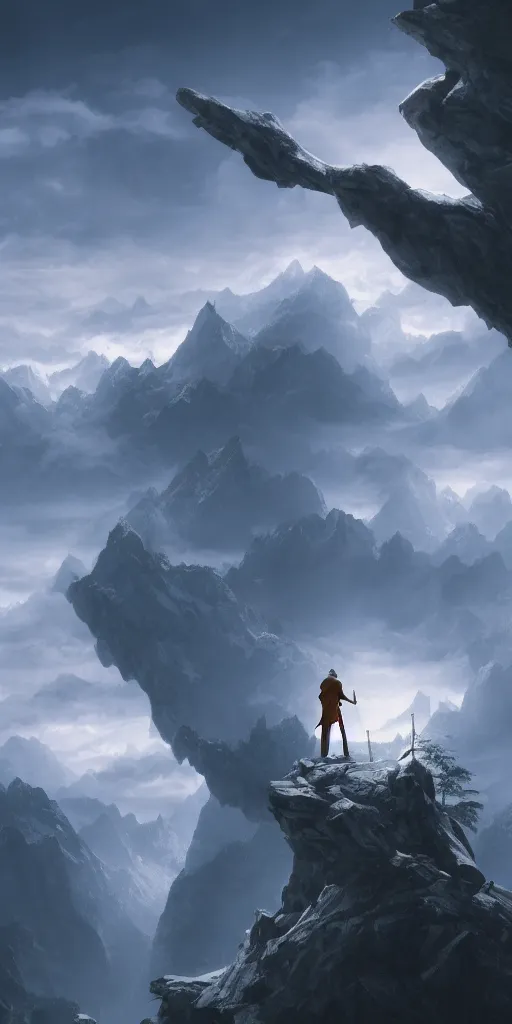 Prompt: A male wizard with a staff standing on a mountain peak over looking a kingdom, digital art, 4k, atmosphere, volumetrics, 8k