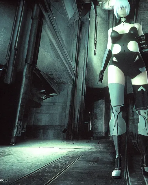 Image similar to film still 2 b nier automata from the video game half life ( 1 9 9 8 ). photographic, photography