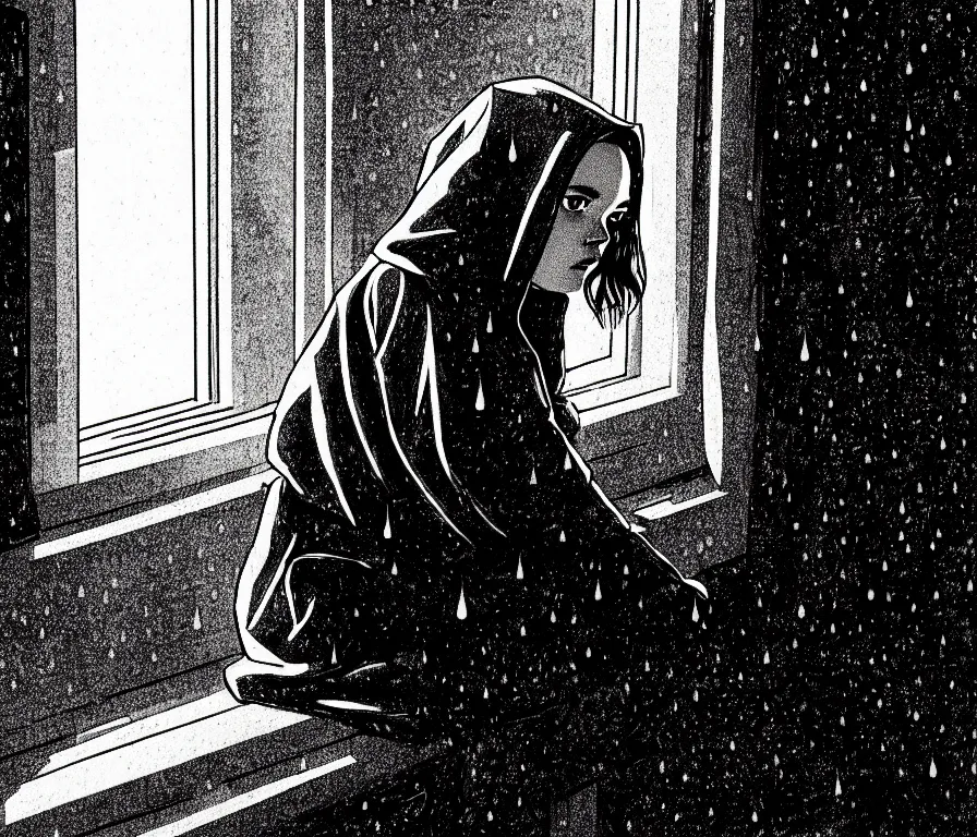 Image similar to sadie sink in hoodie sits on windowsill, knees tucked in as rain falls at night : b & w storyboard drawing, scifi cyberpunk. by gabriel hardman, joe alves, chris bonura. cinematic atmosphere, detailed and intricate, perfect anatomy