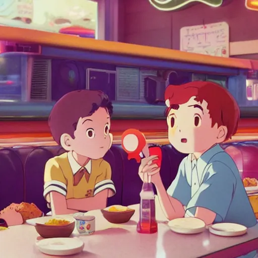 Prompt: a wholesome animation key shot of kids at a 5 0 s diner!!!, medium shot, studio ghibli, pixar and disney animation, sharp, very detailed, high resolution, rendered in unreal engine 5, anime key art by greg rutkowski, bloom, dramatic lighting