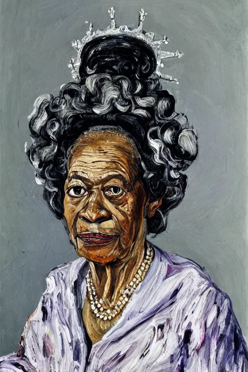 Prompt: a painted portrait of an elderly black lady with grey curly hair, wearing a crown and clothing of Queen Elizabeth the second, painted by Lucian Freud, oil on canvas, expressive, impasto