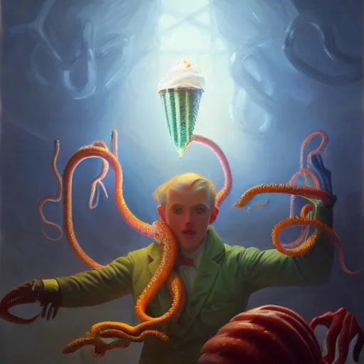 Image similar to portrait painting of cthulhu, bright and energetic, wild tentacles holding ice cream cones, render cinematic lighting art 1 9 2 0 period drama by bussiere rutkowski andreas rocha