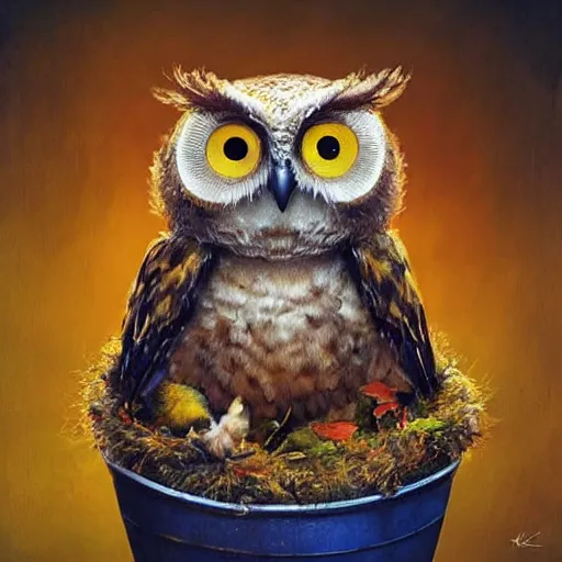 Prompt: long shot of a very fluffy cute owl chick nesting in a cup, esao andrews, by m. w. kaluta, humorous illustration, hyperrealistic, tilt shift, warm colors, night scenery, low light, 3 d octane render, 4 k, volumetric lights, smooth, cosy atmosphere, conceptart, hyperdetailed, trending on deviantart