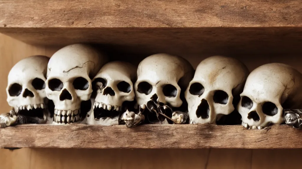 Image similar to Three skulls with vampire fangs sitting on a wooden shelf