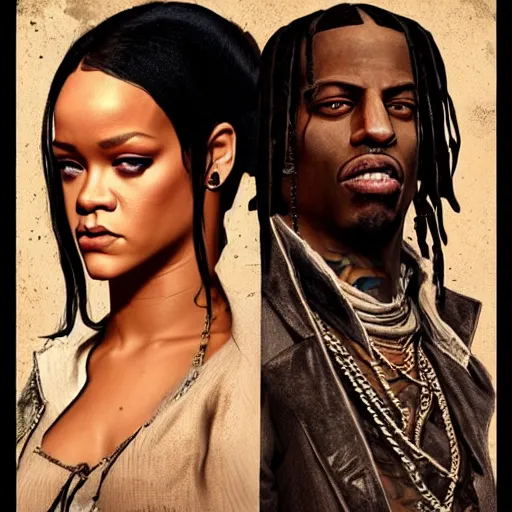 Image similar to rihanna and travis scott in rdr 2, trending on artstation, hyperdetalied, realistic,