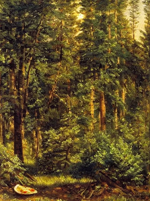 Image similar to Ivan Shishkin painting of a beautiful pizza at forest, beautiful lighting, sunny, summer, painting Ivan Shishkin