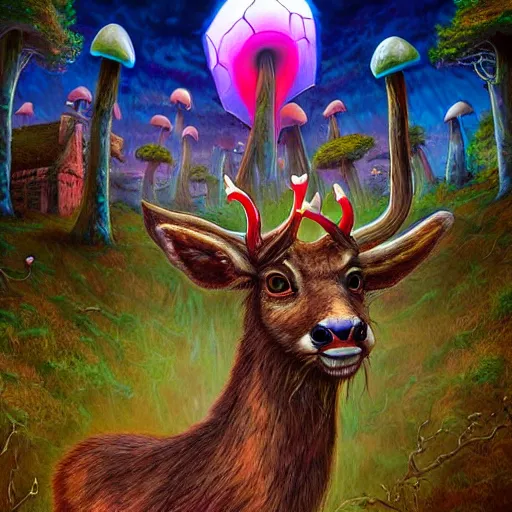 Image similar to 4 k headshot portrait of a psychedelic demonic anthropomorphic deer with mushroom themed clothes, magic mushroom village in background by jeff easley, award winning, stylized neon, post - processing, masterpiece, superb resolution. in the art style of junji ito and greg rutkowski. detailed mushroom city in background. hyper realistic anime. perfect art. dalle 2