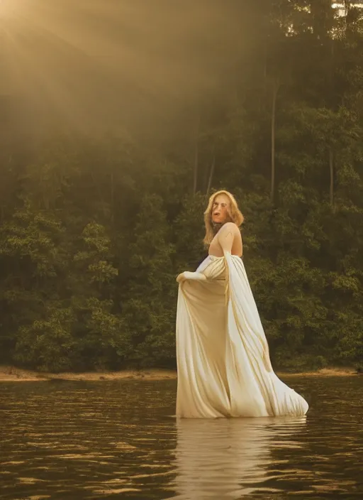 Prompt: symmetry!! a 2 8 mm macro photo of a woman in a formal gown emerging from a lake, misty, morning, splash art, movie still, bokeh, canon 5 0 mm, cinematic lighting, dramatic, film, photography, golden hour, depth of field, award - winning, anamorphic lens flare, 8 k, hyper detailed, 3 5 mm film grain