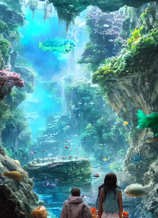 Image similar to fantastic space. aquarium underwater corridor. people observing lots of clear fish. water droplets, highly detailed, artstation trend, highly detailed and intricate, studio ghibli, makoto shinkai, no blur, photography, unreal engine 5