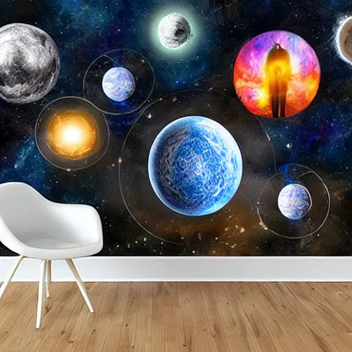 Image similar to elements of the cosmos collection on wall, multiverse astronauts standing below and beside multiverse portal