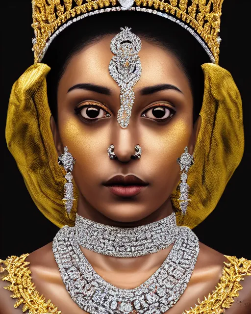 Prompt: realistic portrait of a queen, dark, gold and silver ornaments, facing camera, photo realistic, detailed, 1 4 5 0, delicate, hyper realism, ultra realistic, matte painting, 8 k