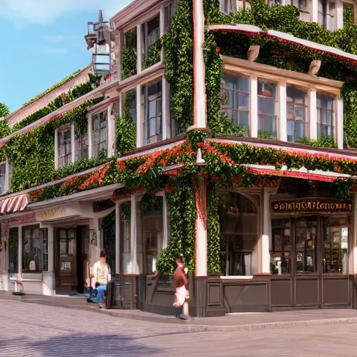 Prompt: charming mainstreet disneyland type building with ivy growing up it, octane render, hyperdetailed, photorealistic, natural light