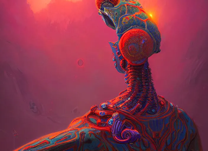 Prompt: a psychedelic portrait of omin dran exoskeleton mind flayer psion, vibrant color scheme, highly detailed, in the style of romanticism, cinematic, artstation, moebius, greg rutkowski