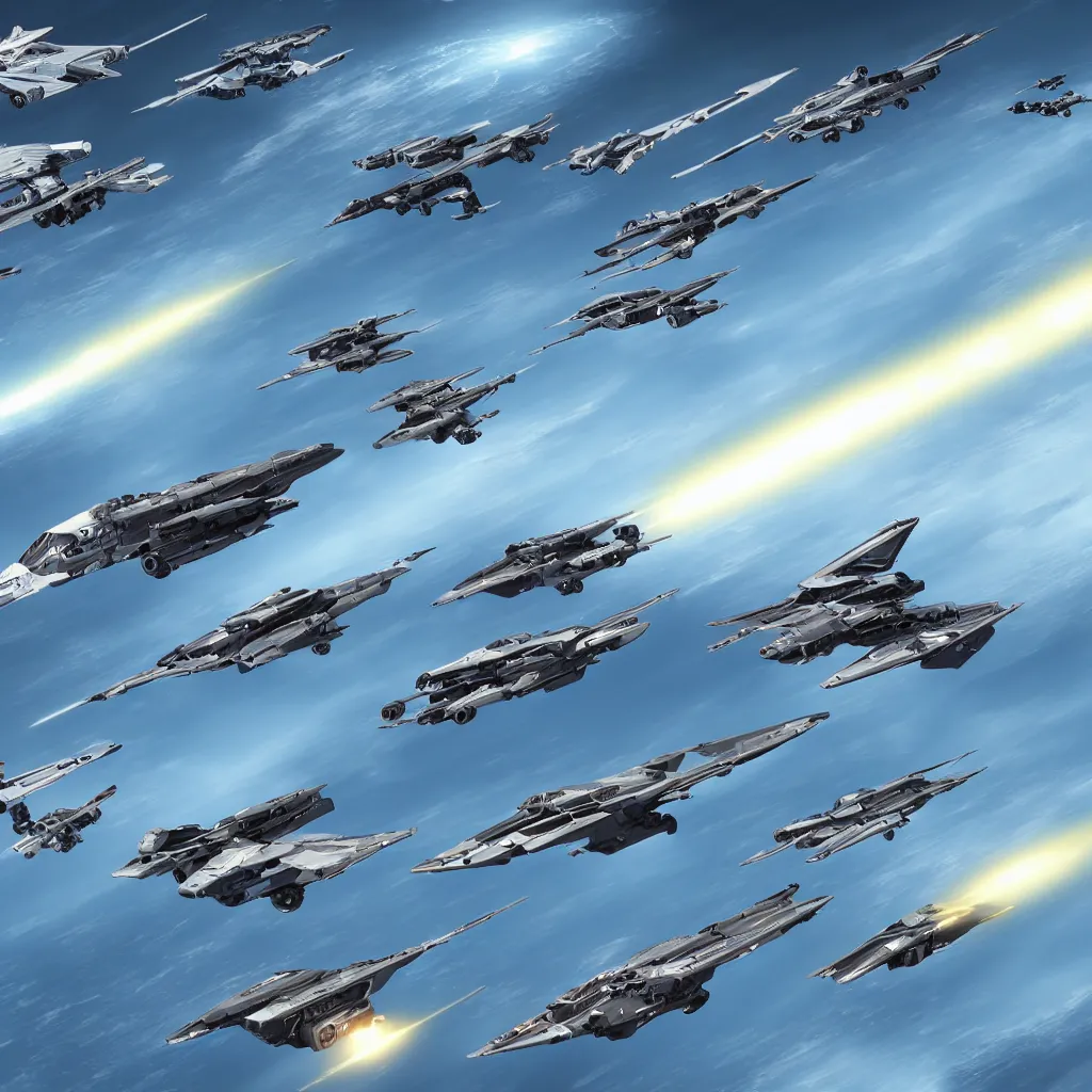 Prompt: fleet of fighter spacecrafts, hyper realistic, 4 k